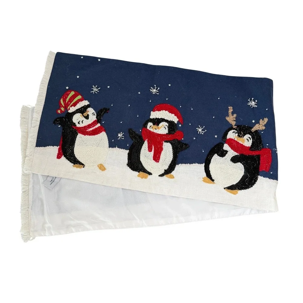 Artisan NY Home Christmas Penguin Table Bed Runner Beaded Embroidered 15x56‎